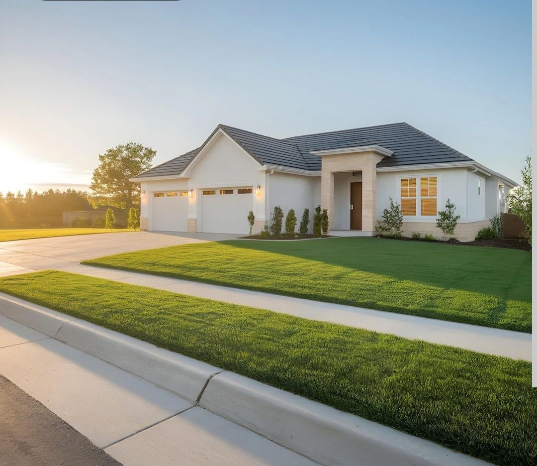 Beautifully maintained green lawn in front of a Boise home at golden hour