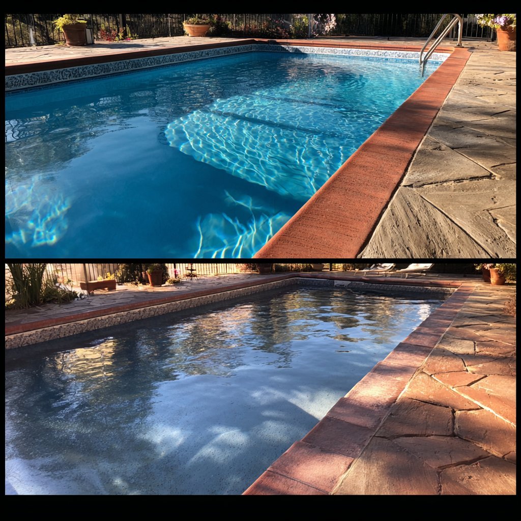 Sparkling clean residential pool before and after Greenwave pool service
